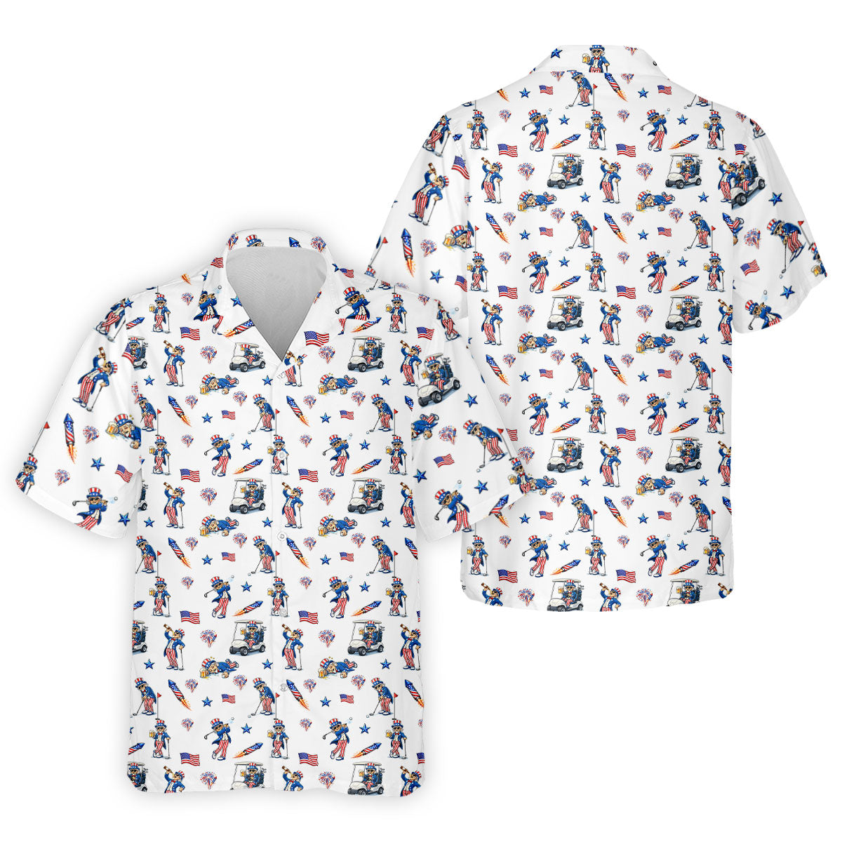 Patriotic Man Golf And Beer Funny 4th Of July White Golf Shirt, 250 Years Seamless Pattern Golf Shirts For Men