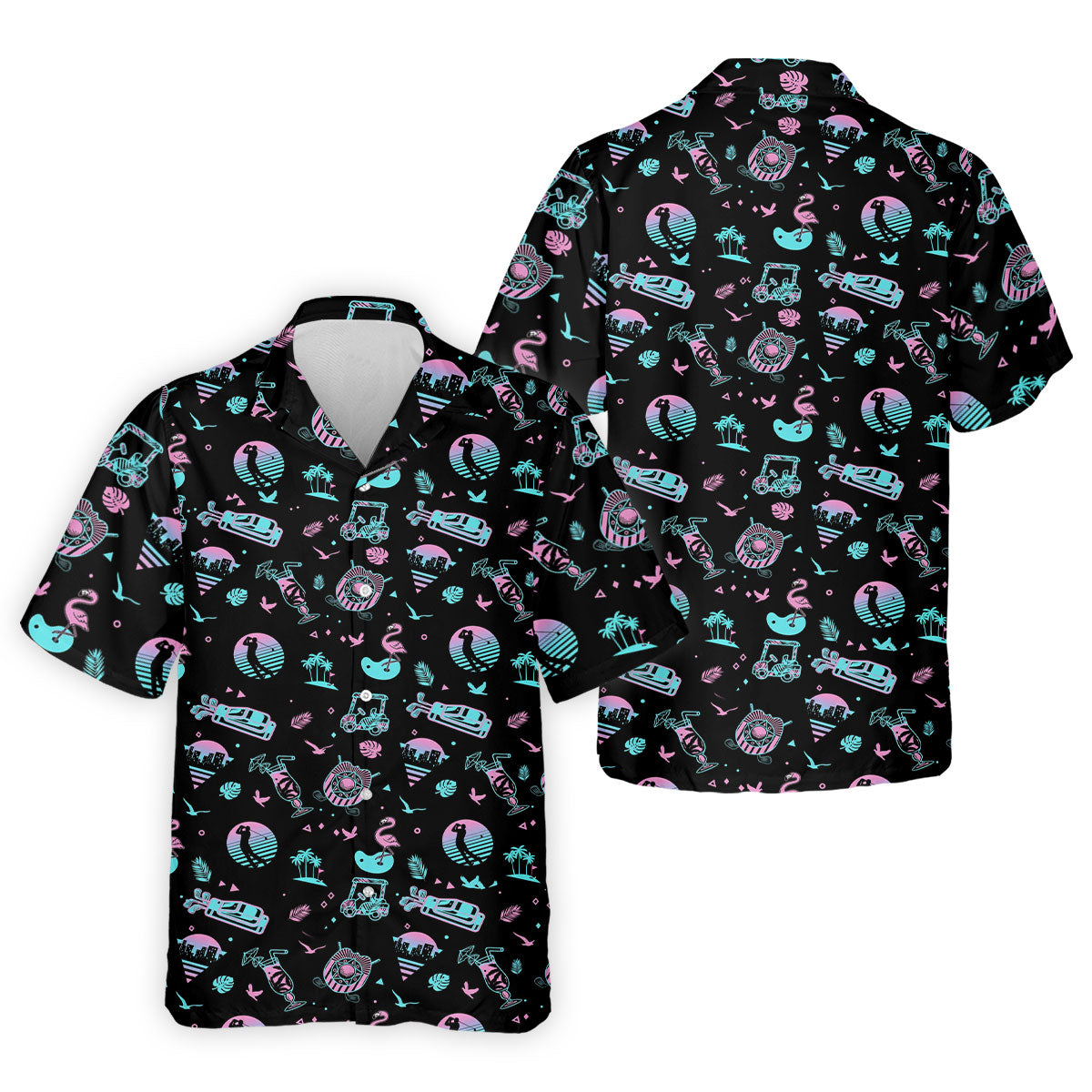 Flamingo Tropical Gradient Colors Retro Golf Shirt, Golf Tops For Men, Golf Shirts For Men
