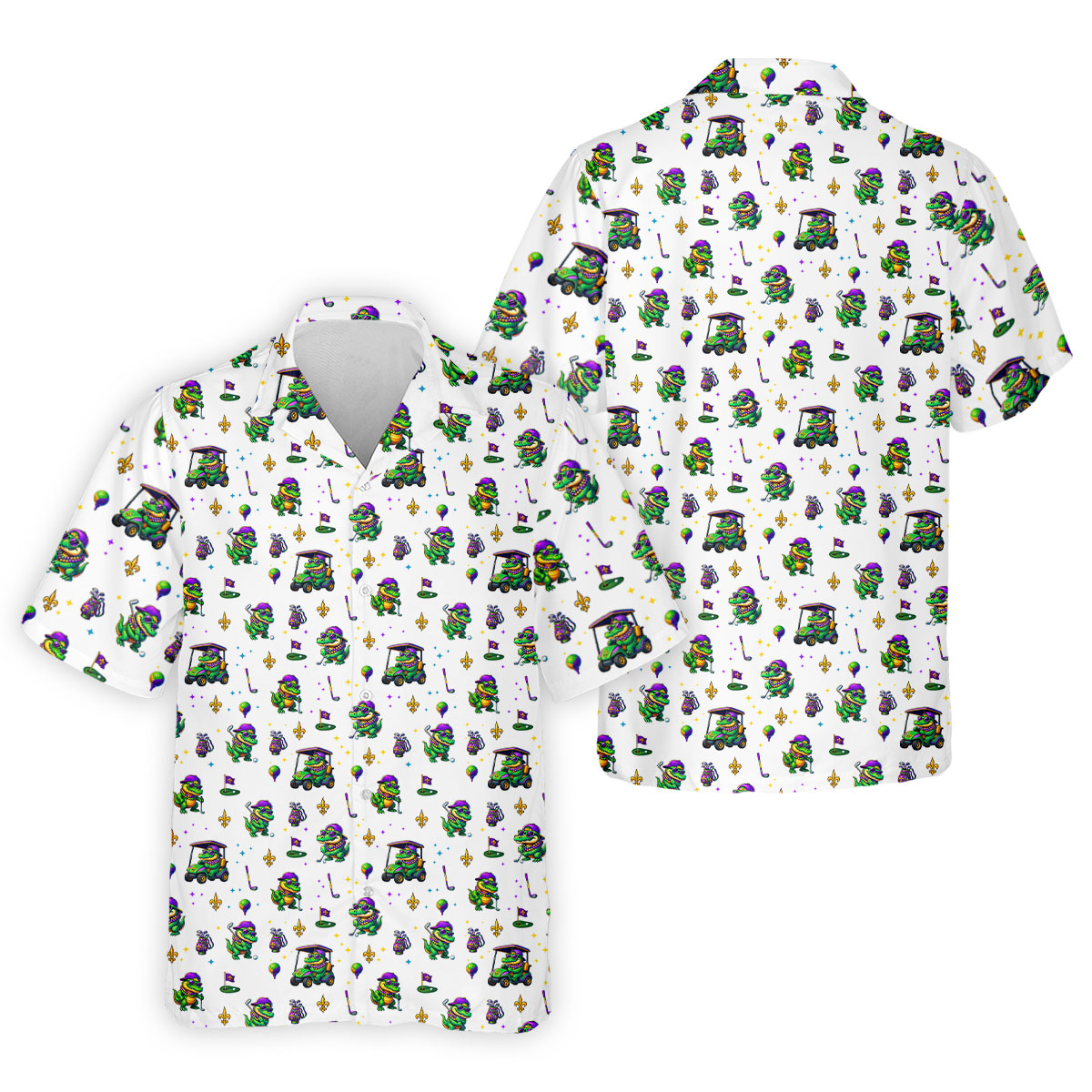 Funny Crocodile Golfing Mardi Gras Golf Shirts, White Golf Shirt, Golf Gift For Men, Golf Shirts For Men