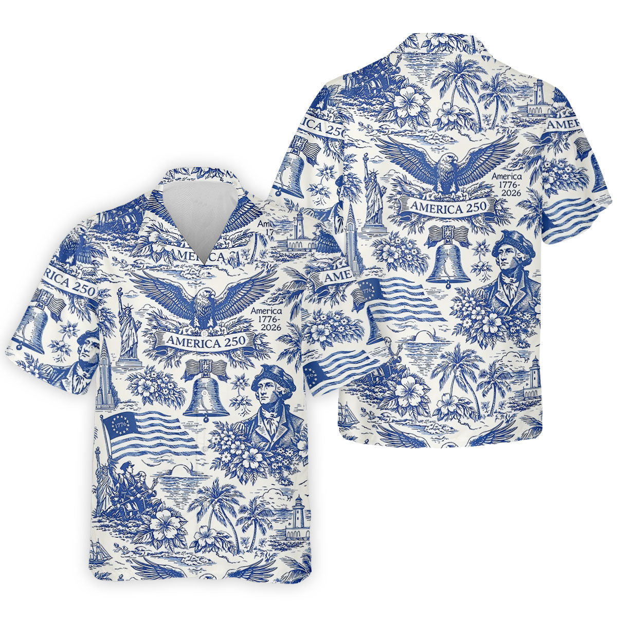 250th Anniversary Toile De Jouy American Symbols Vintage Golf Shirt, Patriotic 4th Of July Golf Shirts For Men