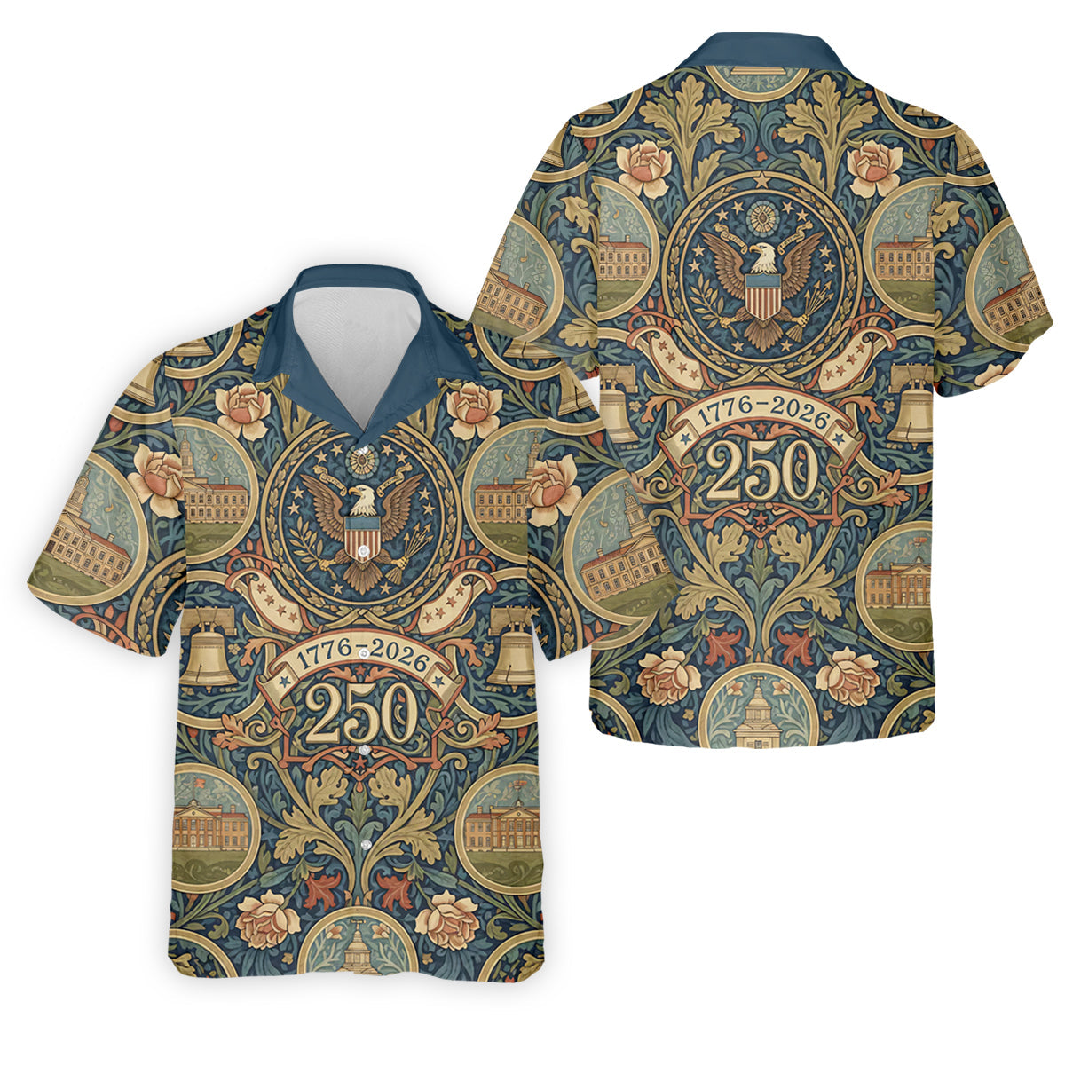 250th Anniversary Semiquincentennial American Landmarks Floral Golf Shirt, Golf Shirts For Men, Patriotic Golf Shirt