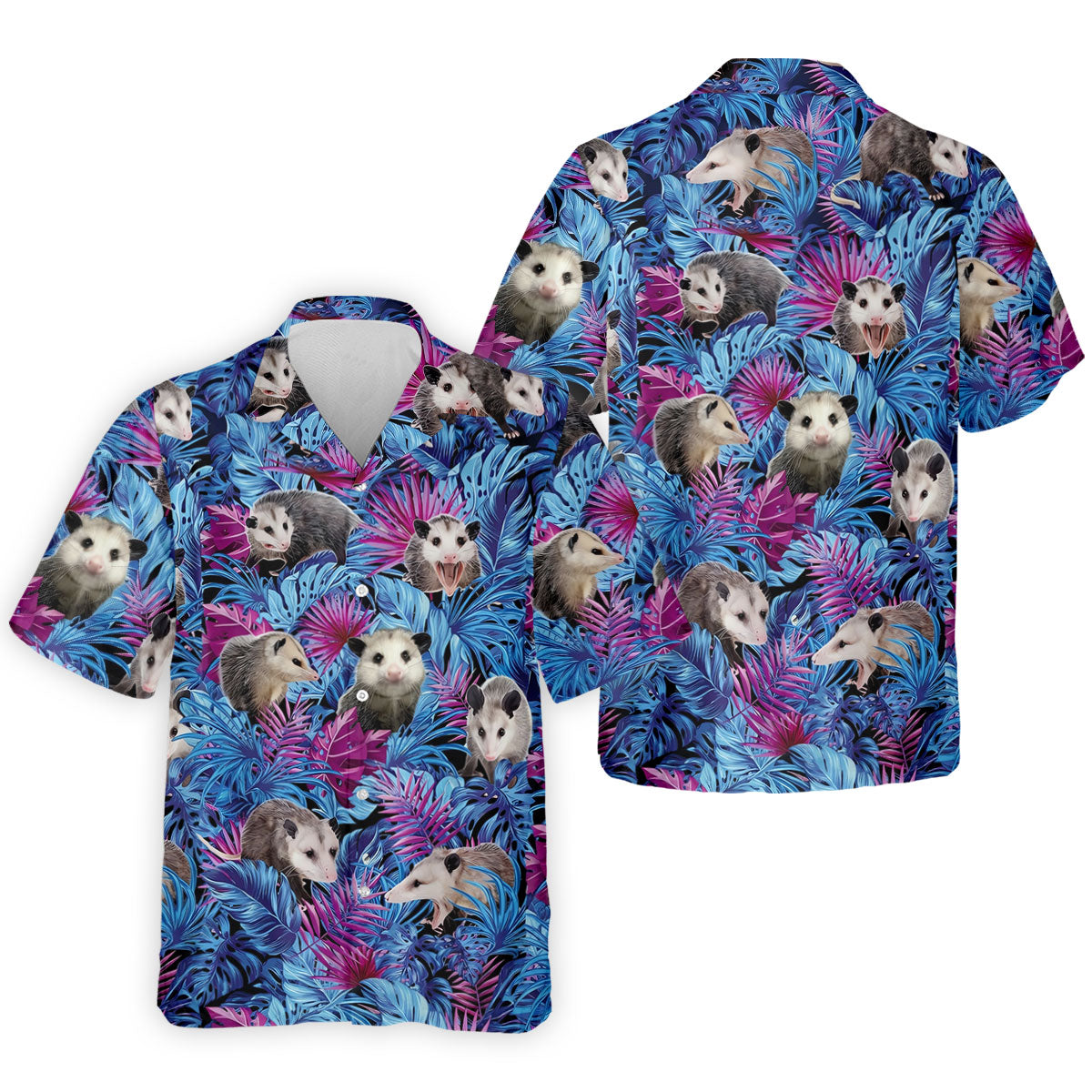 Funny Opossum Blue Purple Hawaiian Golf Shirt, Tropical Theme Golf Shirts For Men