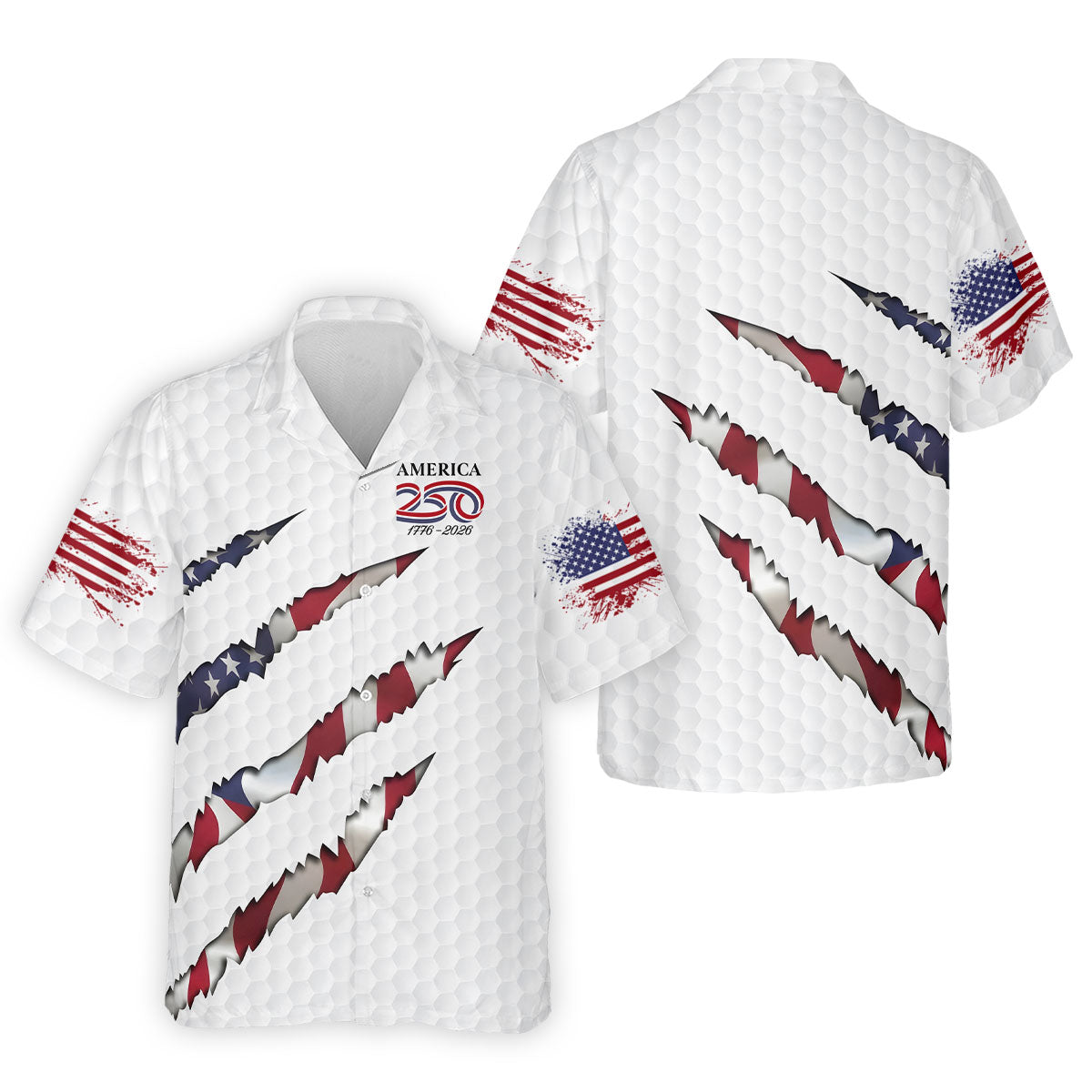 America 250 1776-2026 Scratched Flag Golf Ball Pattern White Golf Shirt, Patriotic 4th Of July Golf Shirts For Men