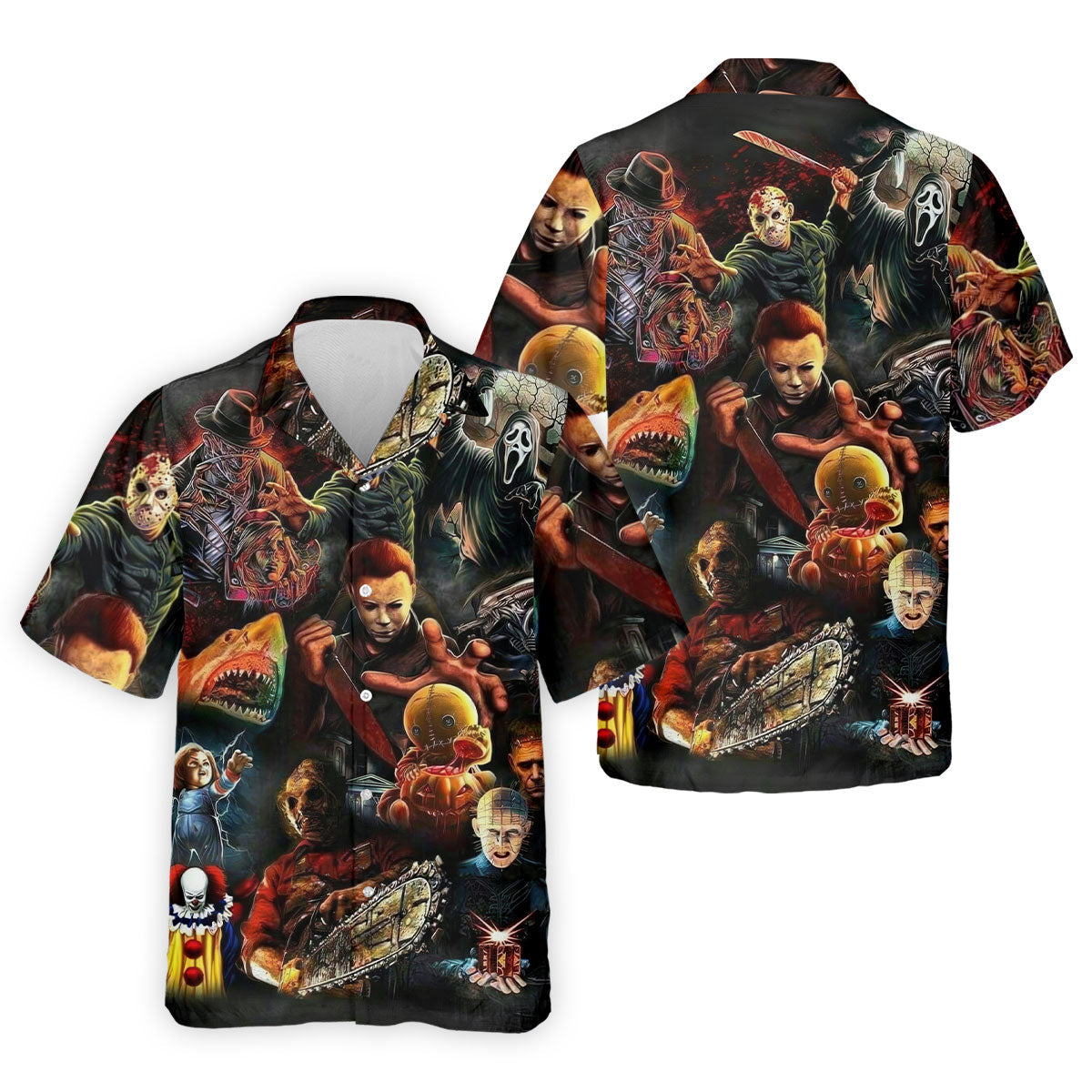 Halloween Horror Character Collage Golf Shirt, Men's Golf Shirt, Hawaiian Golf Shirt