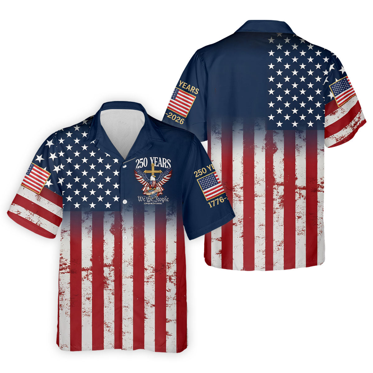 250 Years We The People Bald Eagle US Flag Cross Faith Golf Shirts For Men, Patriotic Golf Shirt