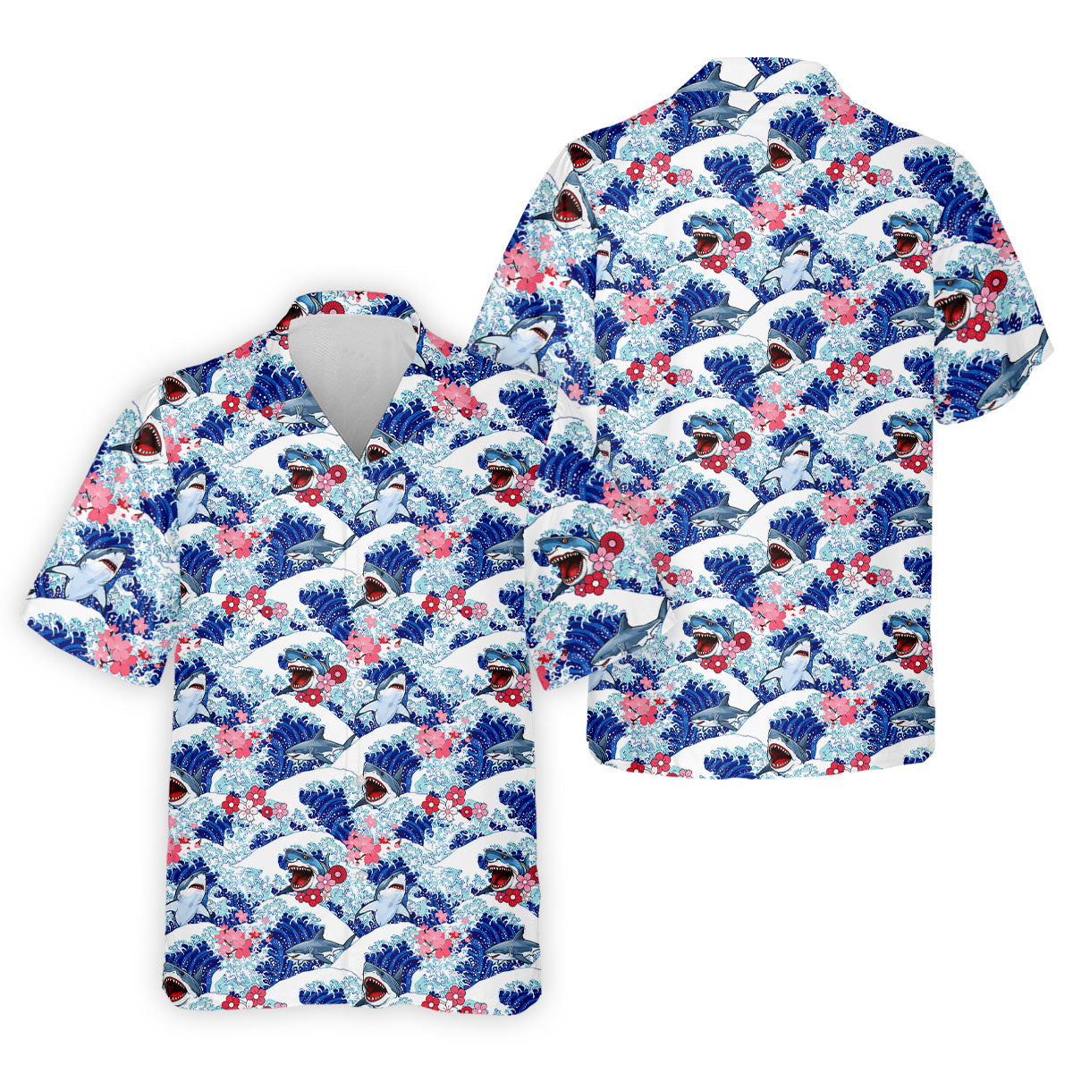 Japanese Shark Wave Sakura Golf Shirt, Mens Golf Polo, Printed Golf Shirts, Golf Apparel For Men