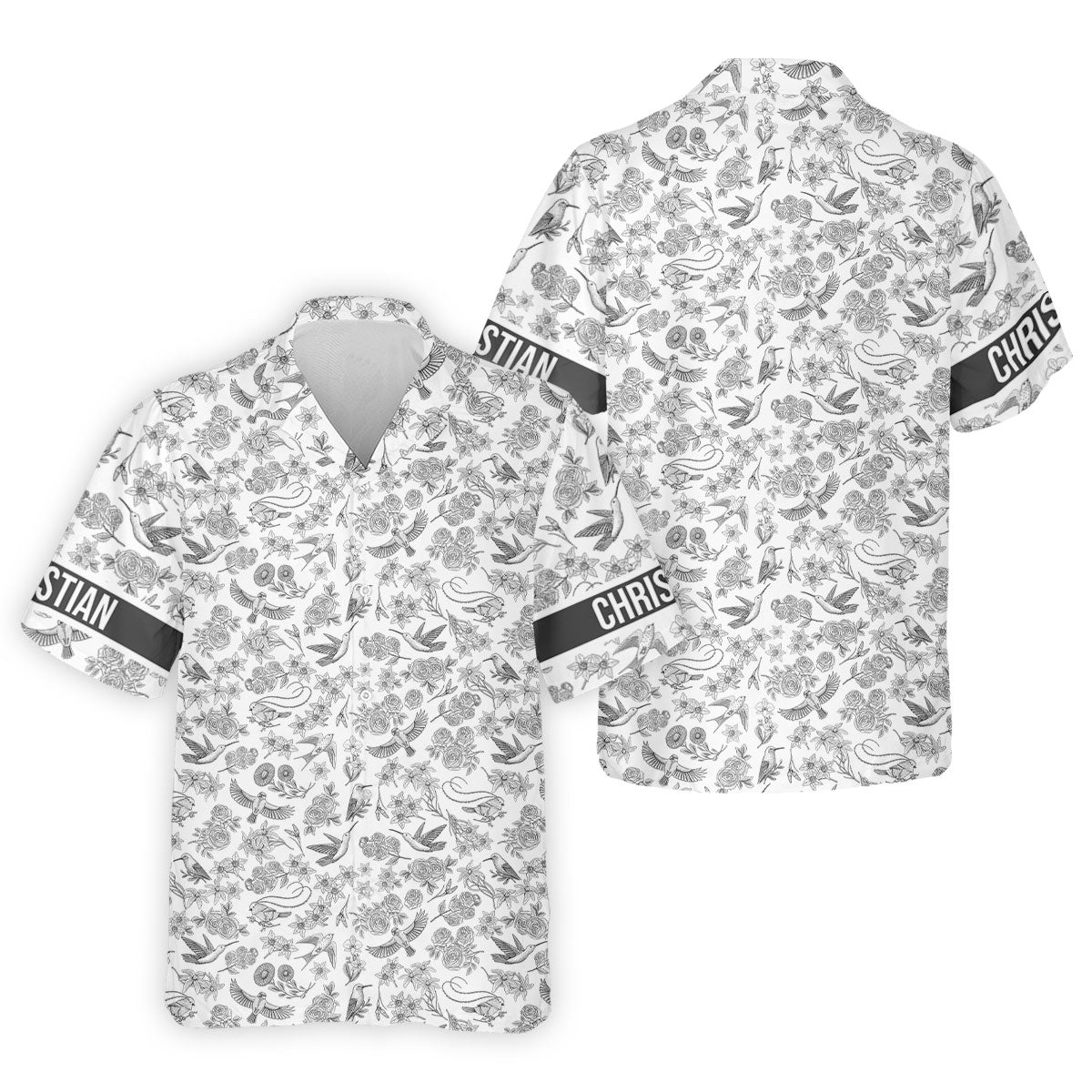 Custom Name Toile de Jouy Birds And Flowers Grey And White Polo ShirtFor Men, Golf Gift For Men