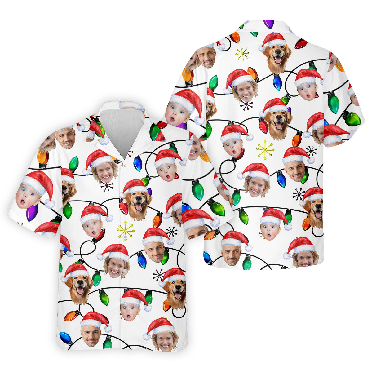 Custom Family Portrait Christmas Lights Pattern Men's Golf Polo Shirtristmas Golf Shirt, Golf Gift For Men