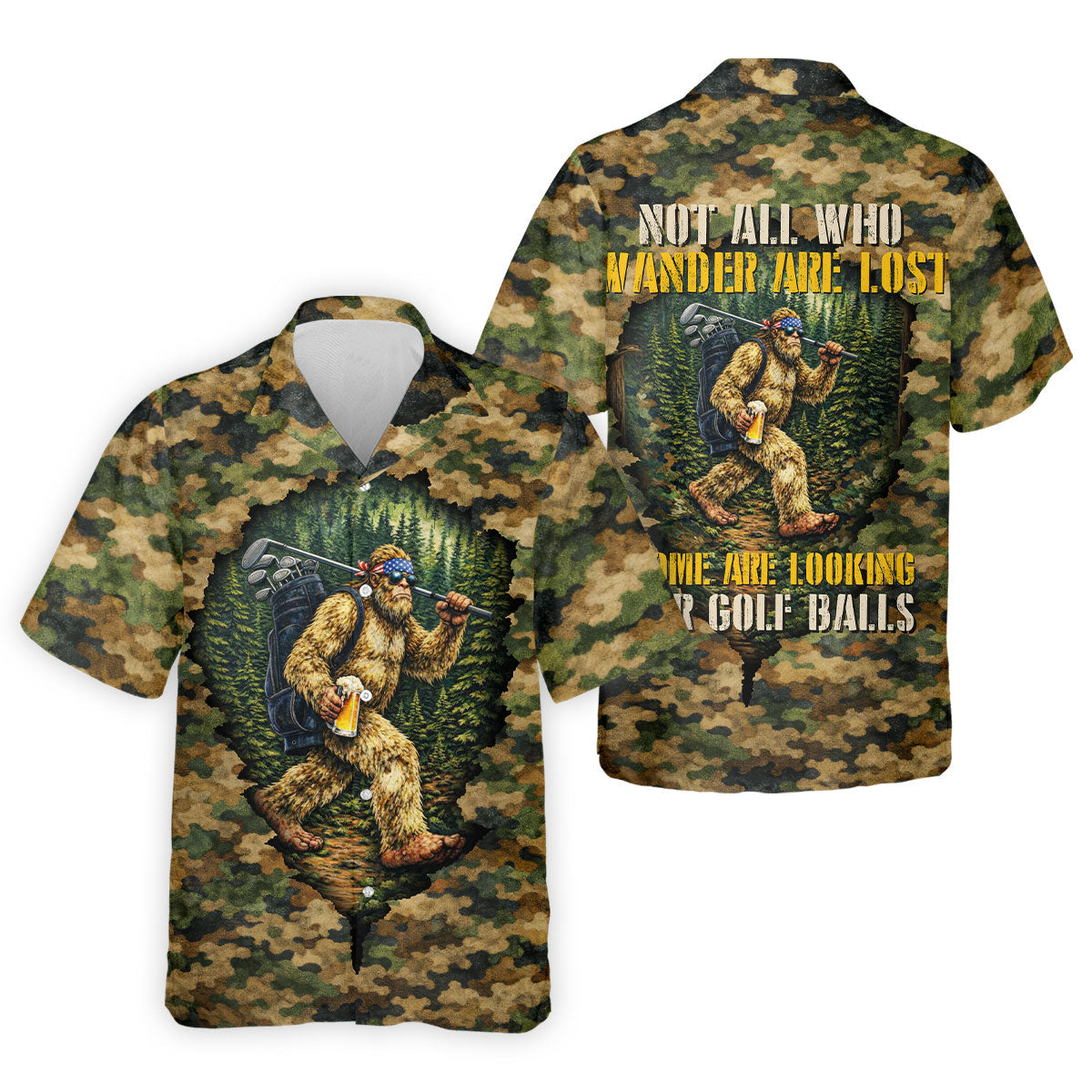 Camo Bigfoot Golfer Drinking Beer Polo Shirt, Mens Golf Shirts, Golf Apparel For Men