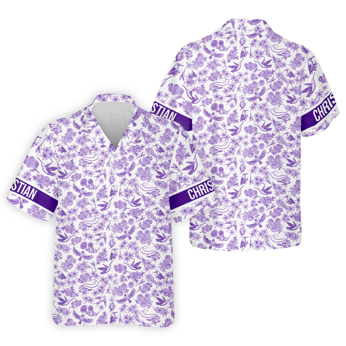 Custom Name Toile de Jouy Birds And Flowers Purple And White Polo ShirtFor Men, Golf Gift For Men