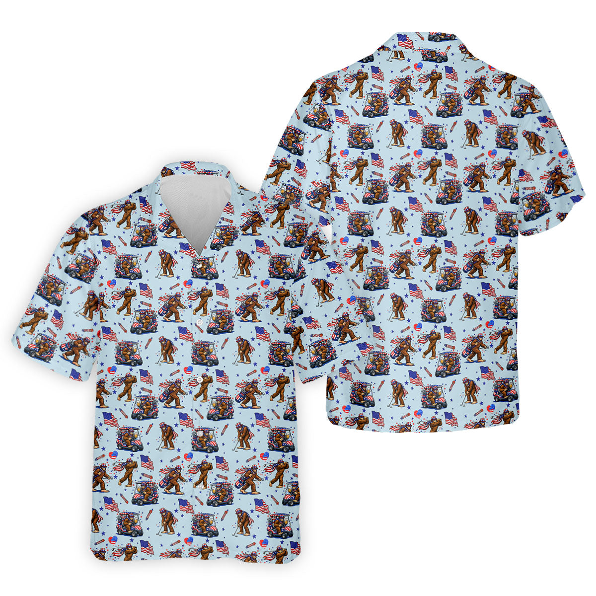 Funny Bigfoot 4th Of July American Flag Pattern Light Blue Golf Shirts For Men, 250th Anniversary Patriotic Golf Shirt