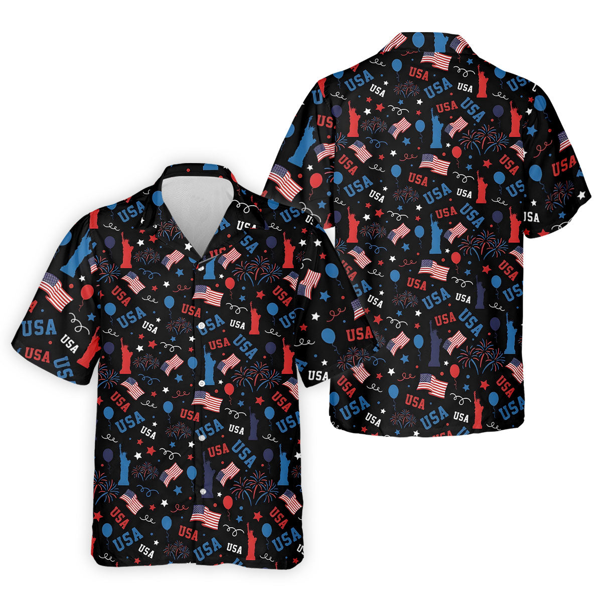 USA Red White Blue Seamless Pattern Black Golf Shirt, 250th Anniversary Patriotic 4th Of July Golf Shirts For Men