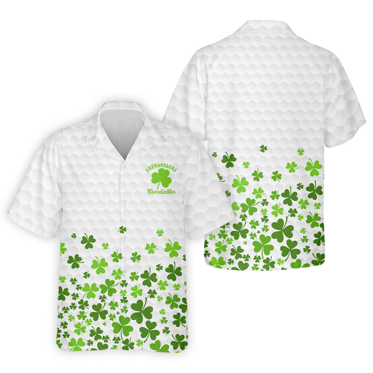 Shenanigans Coordinator Golf Ball Pattern St Patrick Day White Golf Shirt, Golf Tops For Men, Golf Shirts For Men