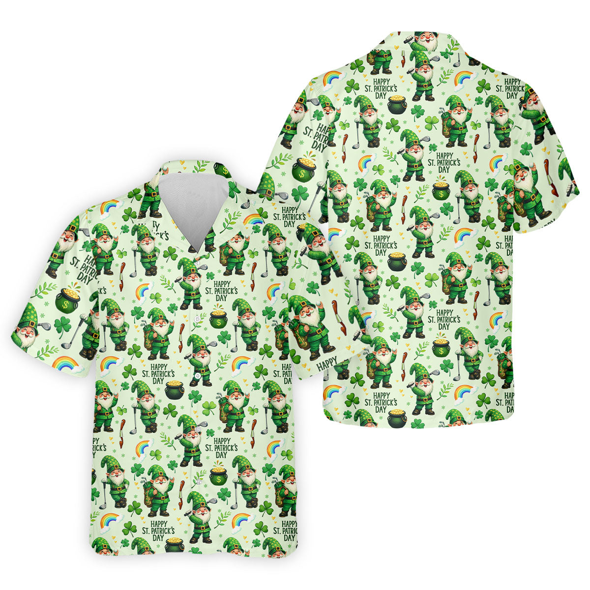 Happy St Patrick's Day Gnomes Shamrock Golf Shirt, Men's Funny Golf Shirts, Golf Shirts For Men