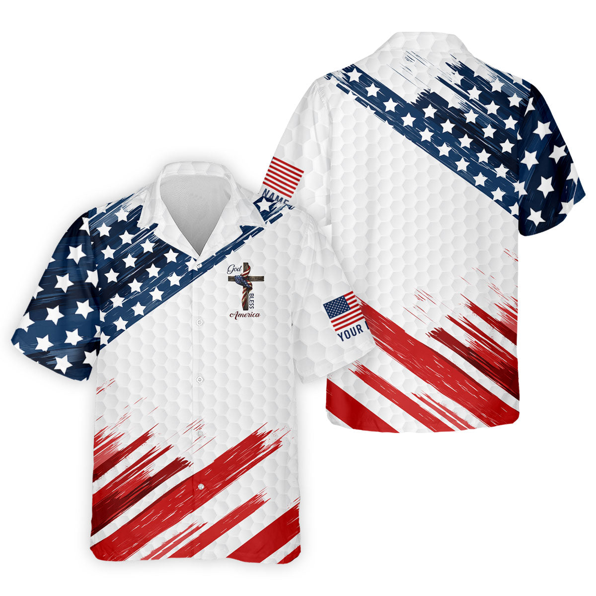 God Bless America Faith Cross US Flag Brush White Golf Shirt, Patriotic 4th Of July Golf Shirts For Men