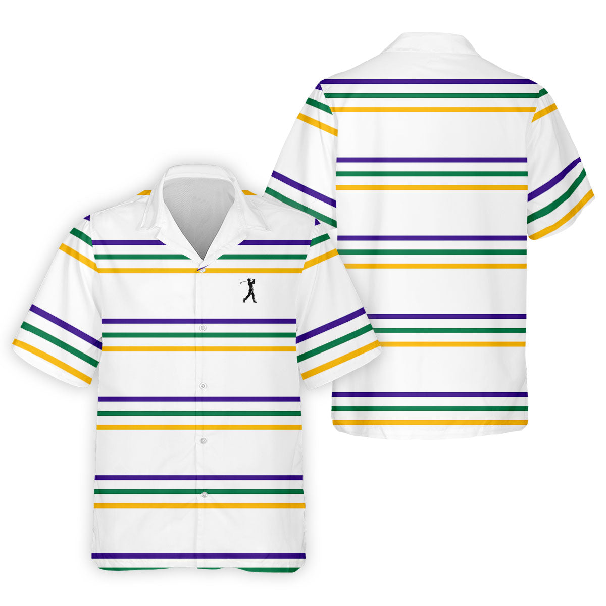 Mardi Gras Purple Green Gold Stripe Pattern Golf Tops For Men, Men's White Polo, Golf Shirts For Men