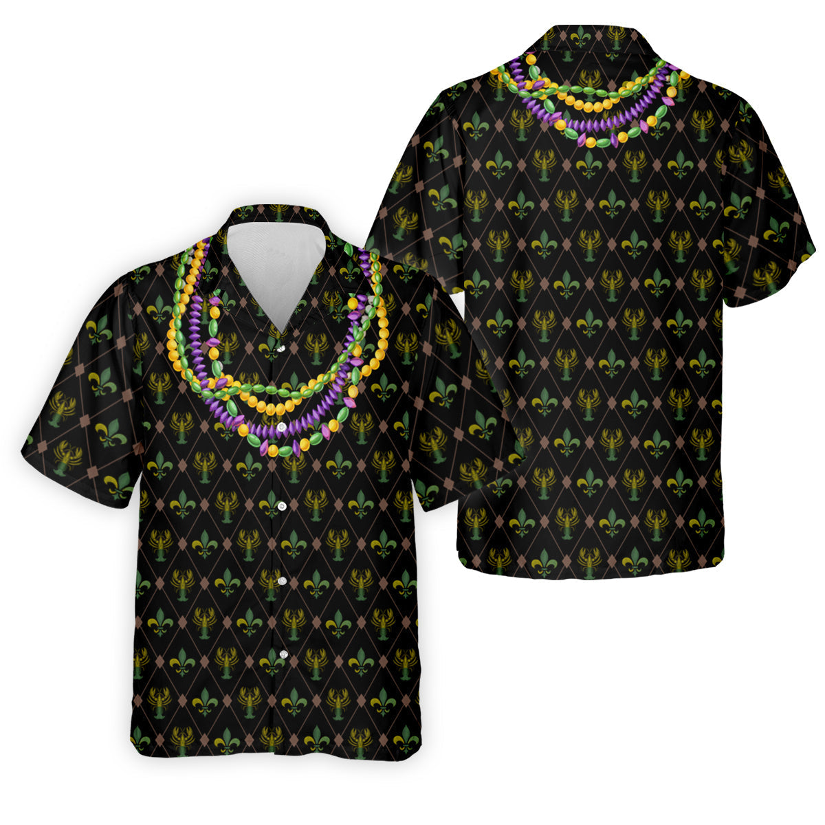 Mardi Gras Purple Green Gold Beads Chain Fleur De Lis Argyle Pattern Black Golf Shirt, Men's Golf Polo Shirts