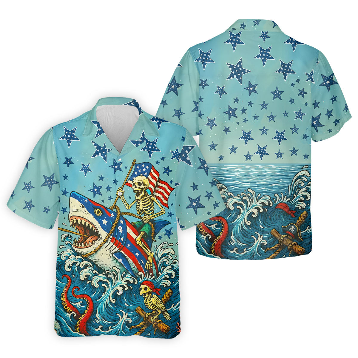 Skeleton Riding Shark Patriotic Golf Shirt, 4th Of July Golf Shirt, 250 Years Polo Shirtor Men