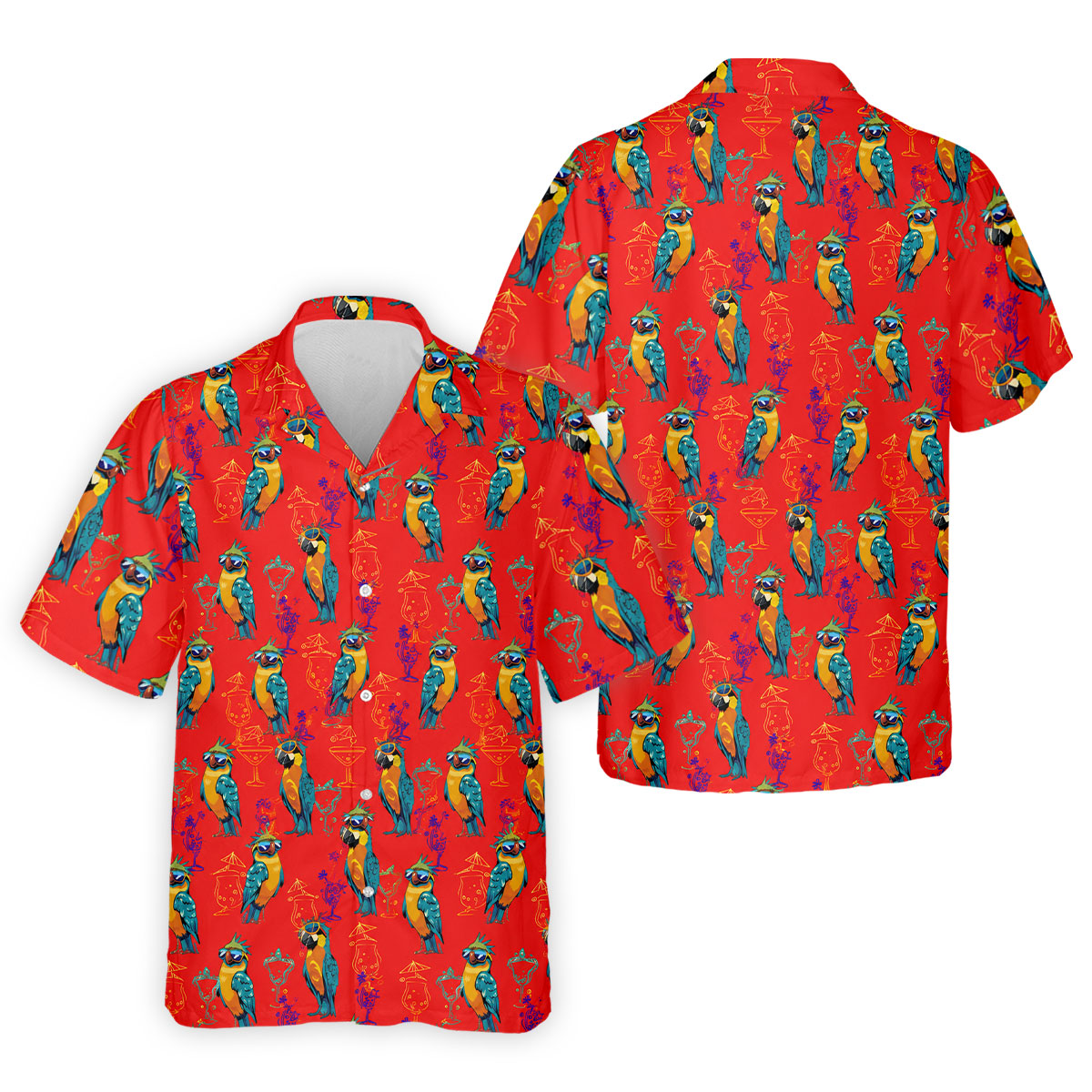 Red Parrot Sunglasses Cocktail Pattern Golf Shirt, Hawaiian Golf Shirt, Golf Shirts For Men, Mens Golf Apparel