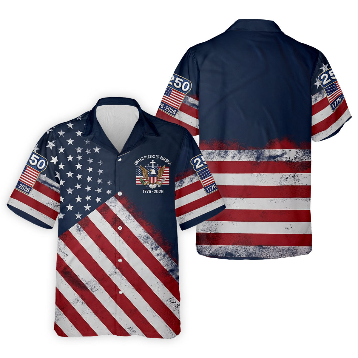 US Bald Eagle Distressed Flag 250 Faith Cross Golf Tops For Men, Patriotic 4th Of July Golf Shirts For Men