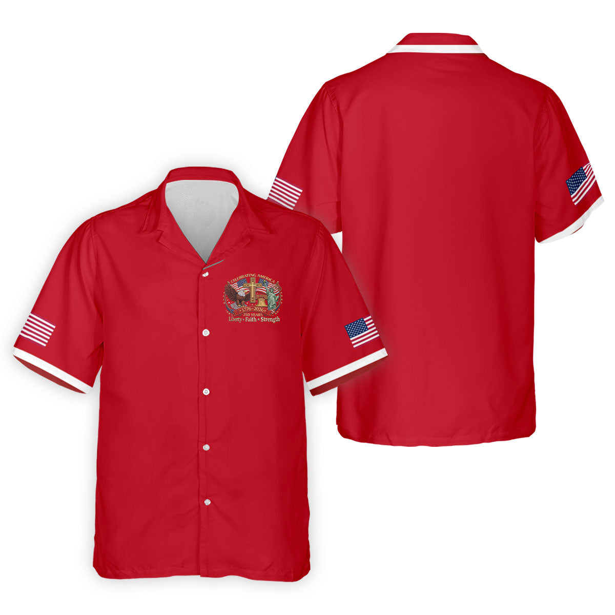 Liberty Faith Strength Faith Cross USA 250 Red Golf Shirt, 4th Of July Golf Shirts For Men
