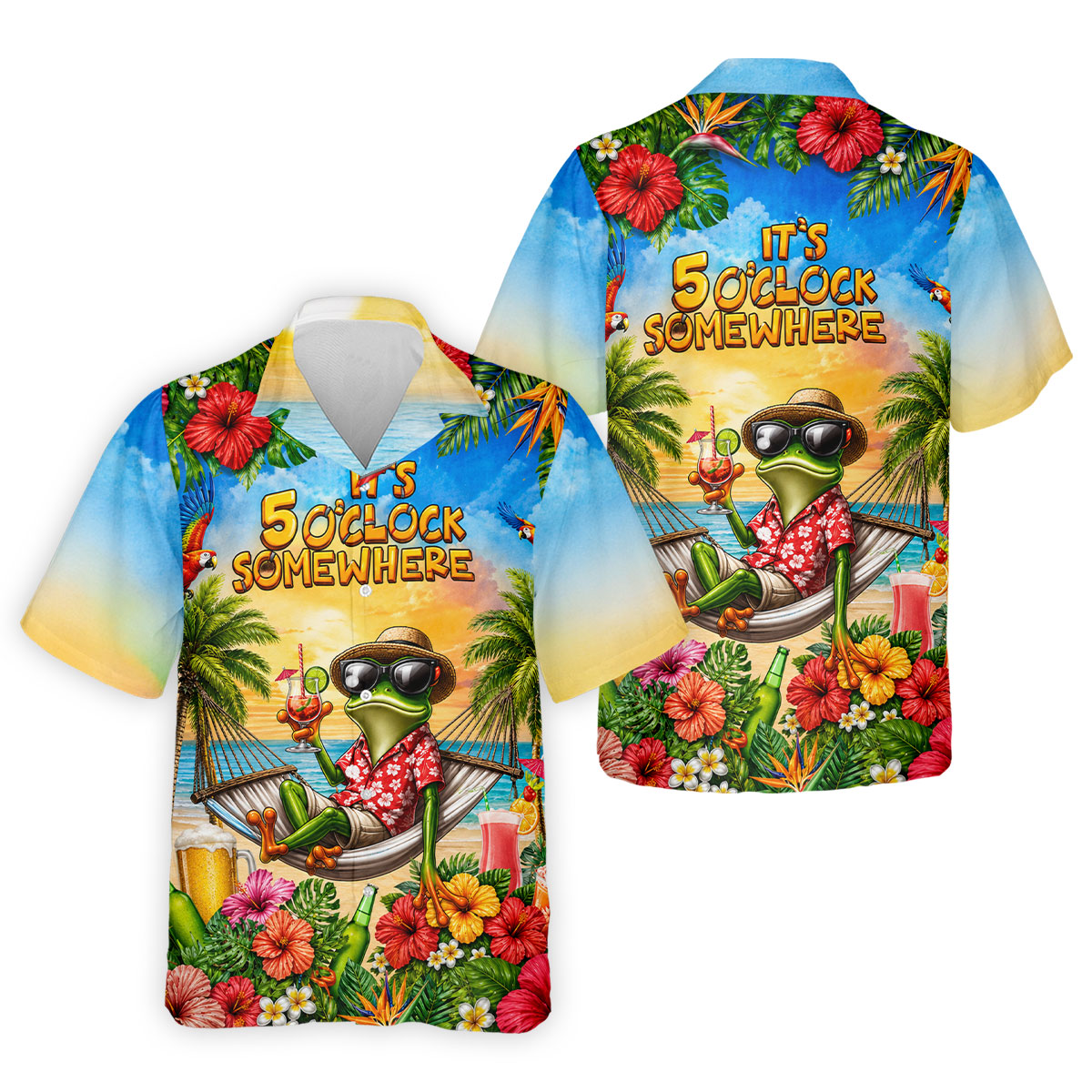Funny Tropical Frog Drinking Hawaiian Golf Shirt, Mens Golf Polo, Printed Golf Shirts