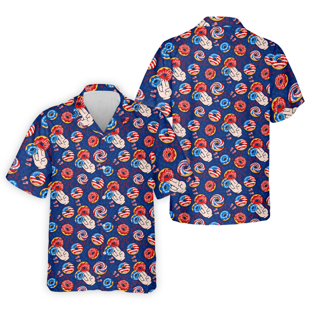 Donut Finger Funny Dirty American Flag Pattern Blue Golf Shirts For Men, 250th Anniversary Patriotic Golf Shirt