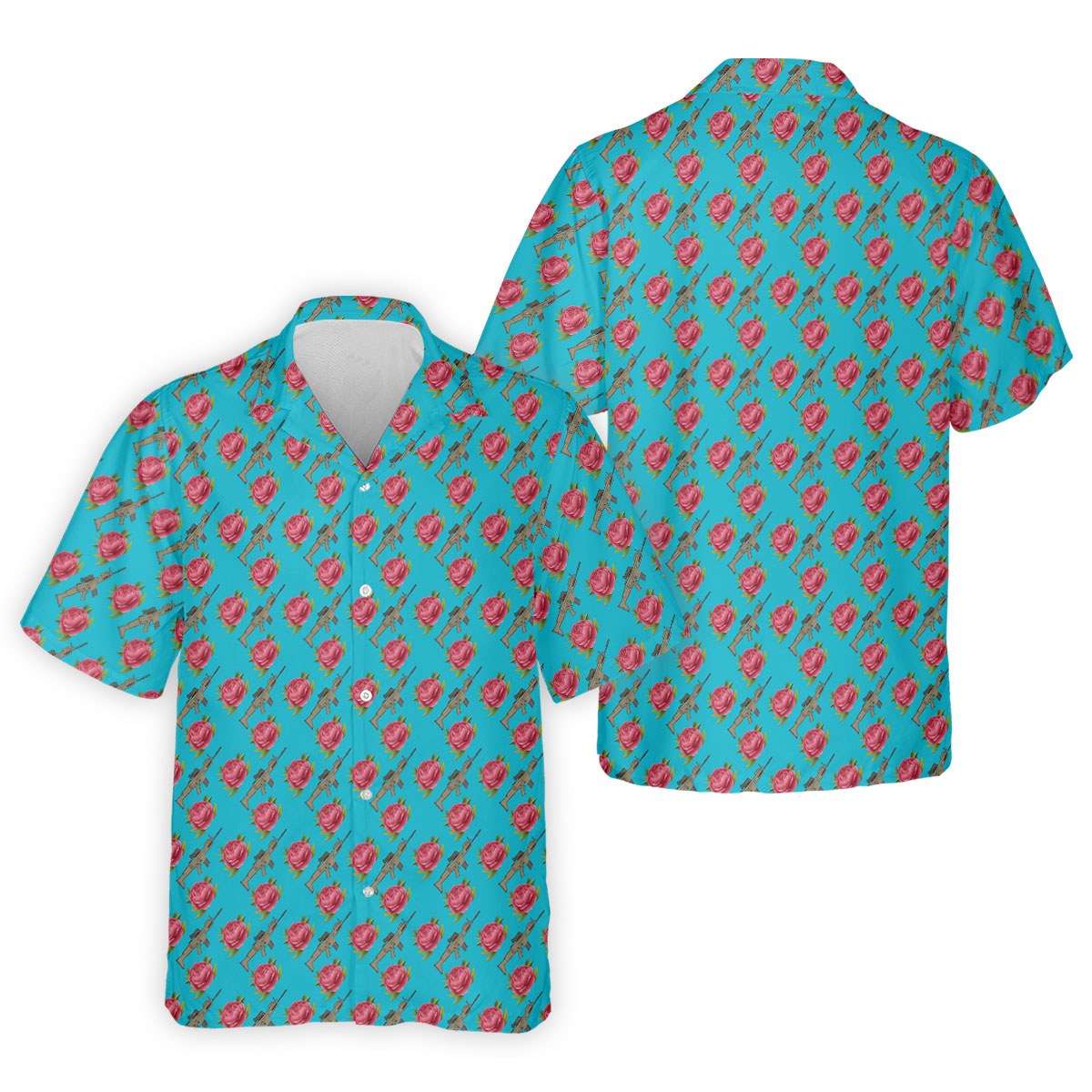 Gun And Rose Seamless Pattern Blue Golf Shirt, Golf Tops For Men, Golf Shirts For Men