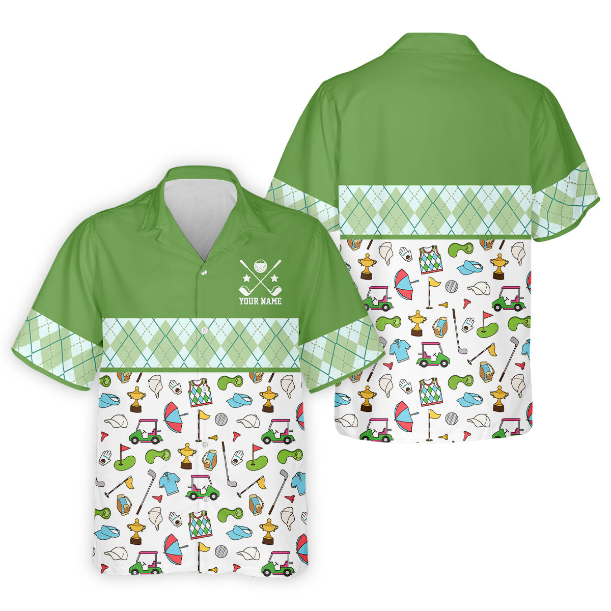 Custom Name Green Argyle Golf Icons Pattern Golf Shirt, Mens Golf Polo, Golf Shirts For Men, Printed Golf Shirts
