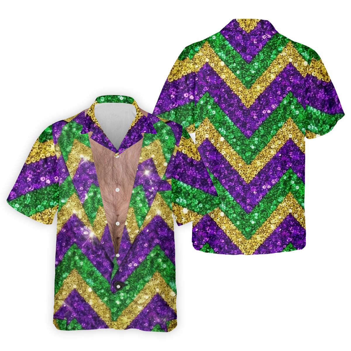 Mardi Gras Purple Green Gold Printed Sequin Zigzag Pattern Golf Shirts For Men, Men's Funny Golf Shirts