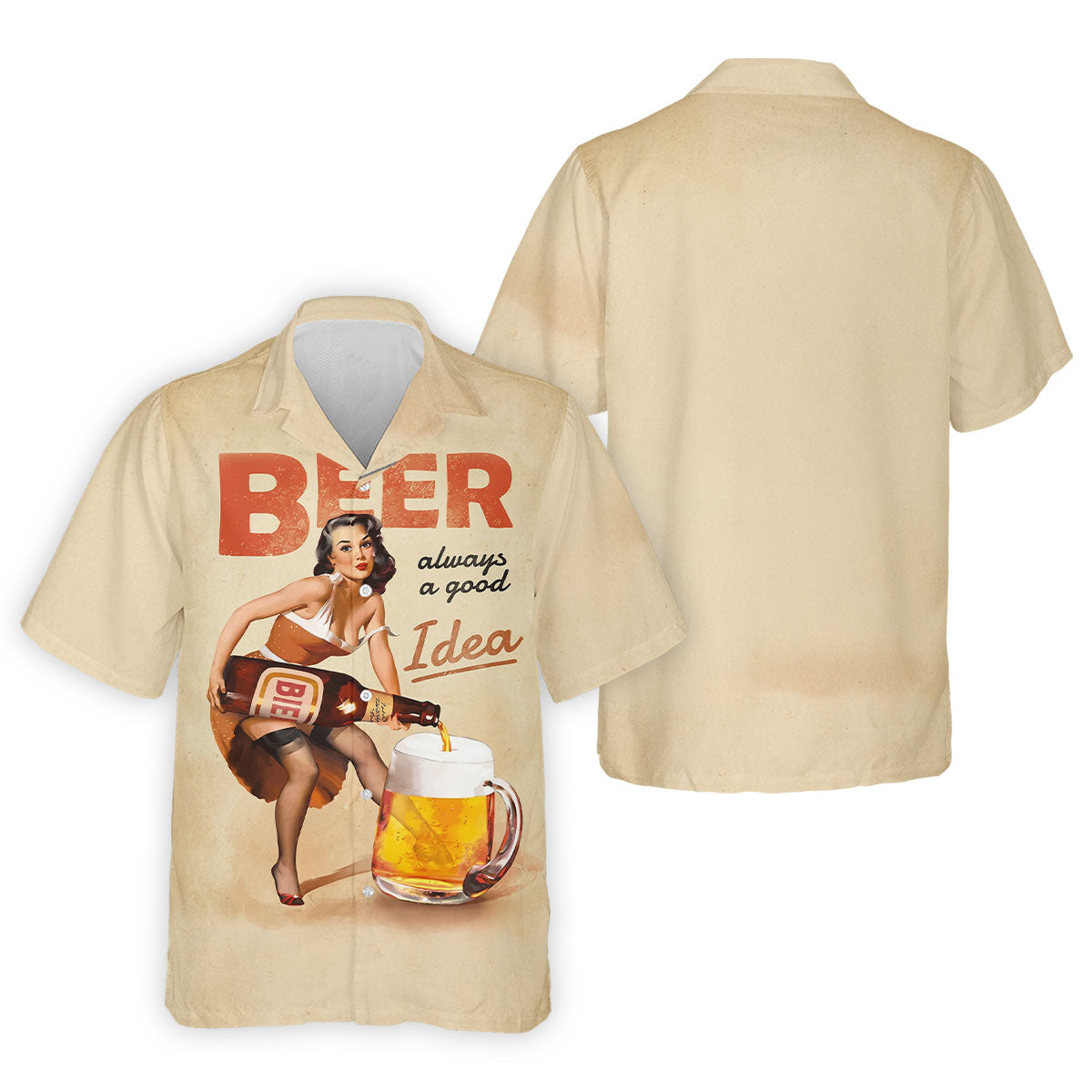 Vintage Beer Pin-Up Girl Design Hawaiian Golf Shirt, Golf Shirts For Men, Polo Shirts For Men