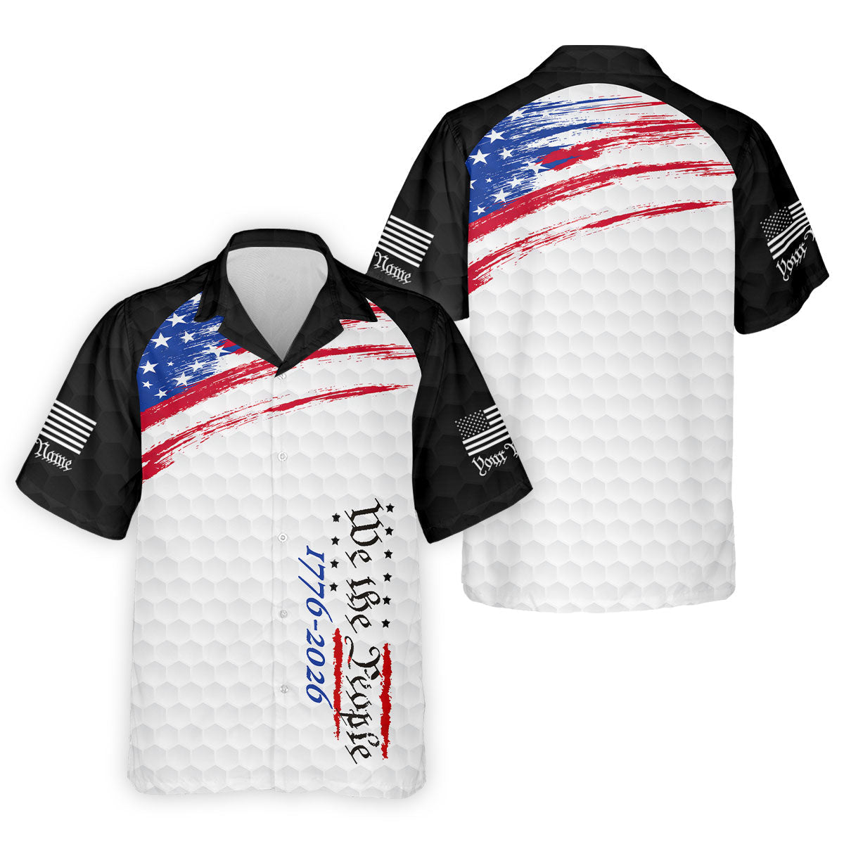 We The People 1776-2926 American Flag Brush Black Golf Shirt, 250 Years Patriotic 4th Of July Golf Shirts For Men