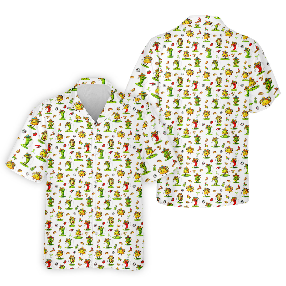 Mexican Cartoon Food Characters Cinco De Mayo Celebration Fiesta Themed White Golf Shirts For Men