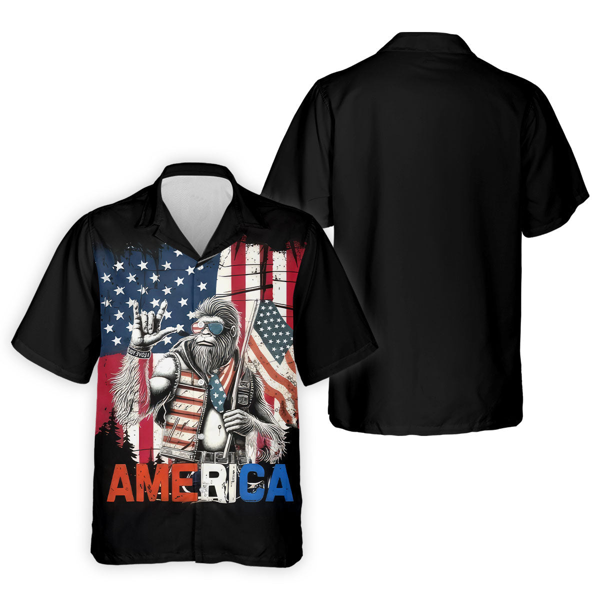American Flag Bigfoot Patriot Black Hawaiian Golf Shirt, 250th Anniversary Tropical Vibe Men's Golf Shirt
