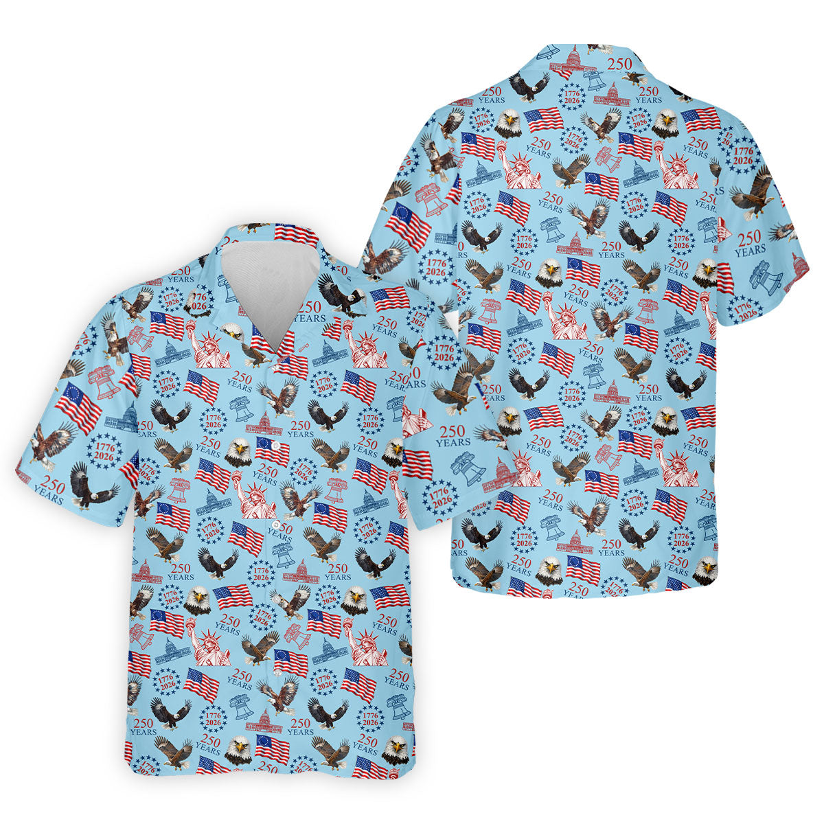 250 Years American Symbol Patriotic Pattern Blue Golf Shirt, 4th Of July Golf Shirt, Golf Shirts For Men