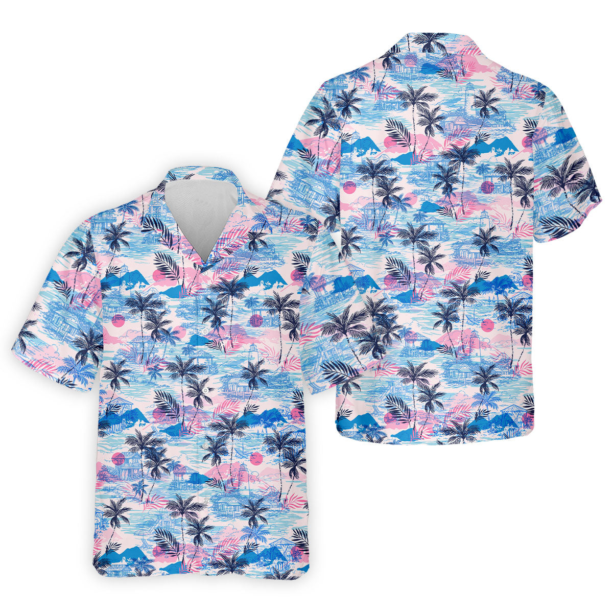 Tropical Island Sunset Pink And Blue Hawaiian Golf Shirt, Polo Shirtor Men, Golfing Apparel