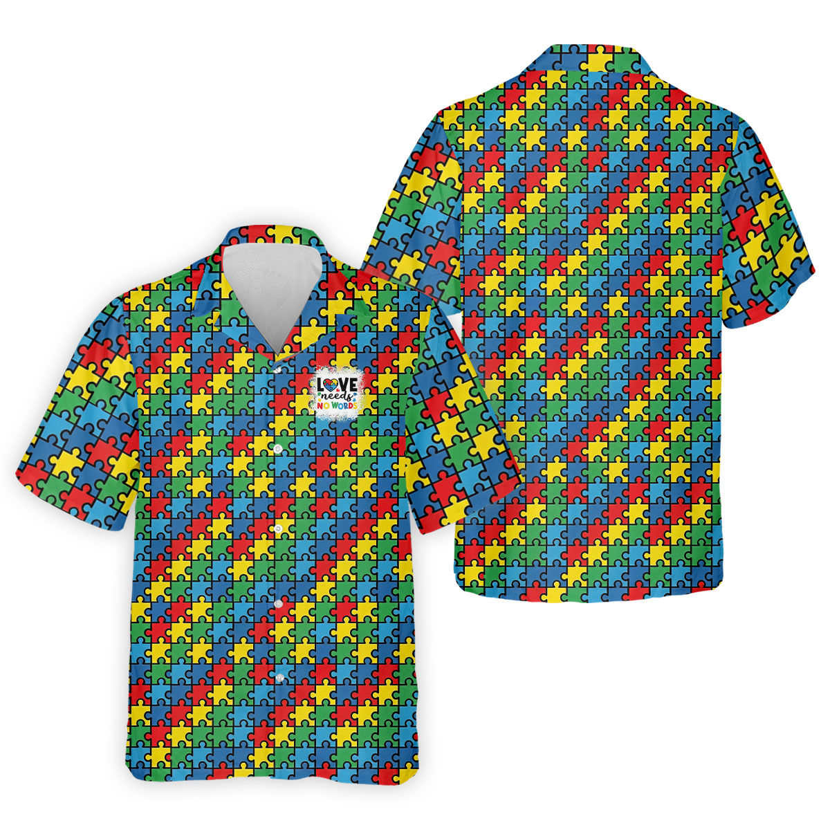 Love Needs No Words Autism Awareness Jigsaw Puzzle Pieces Men's Golf Shirt, Polo Shirt Men