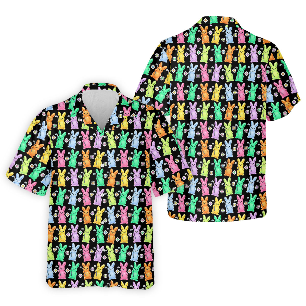 Colorful Easter Bunny Black Golf Shirt, Cute Golf Outfit, Golf Shirts For Men, Golf Gift For Men
