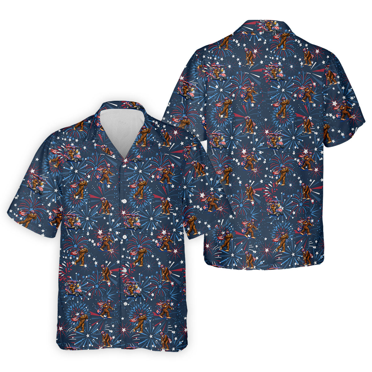 Funny Bigfoot Golf Pose Festive Vibe Navy 4th Of July Golf Shirts For Men, 250th Anniversary Patriotic Golf Shirt