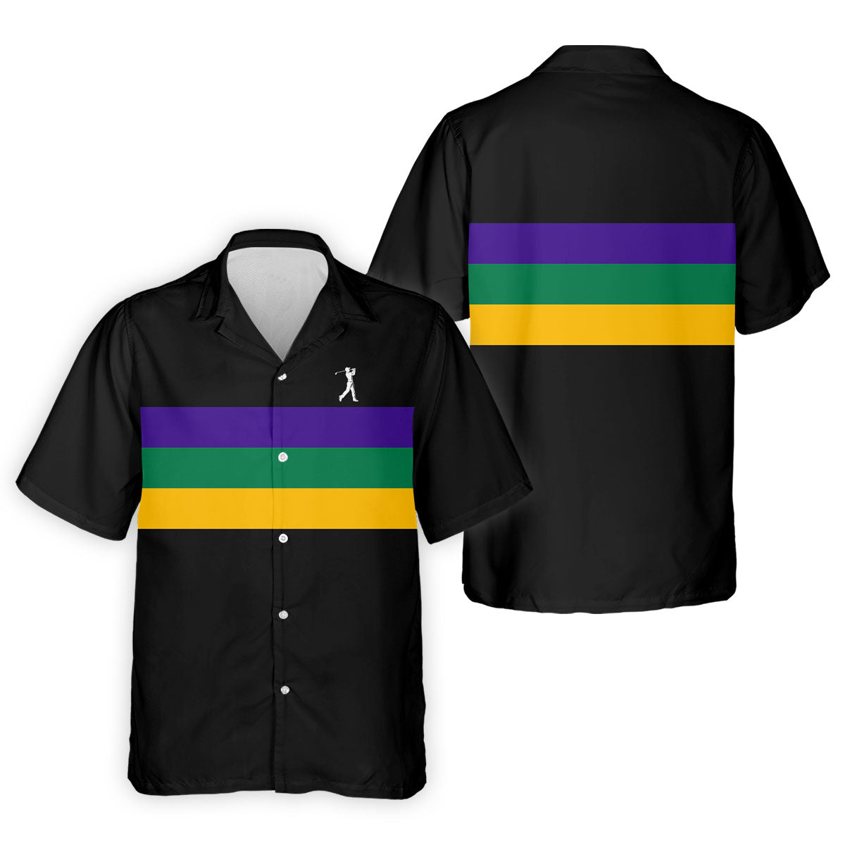 Mardi Gras Purple Green Gold Horizontal Stripes Black Golf Shirt, Golf Tops For Men, Polo ShirtFor Men