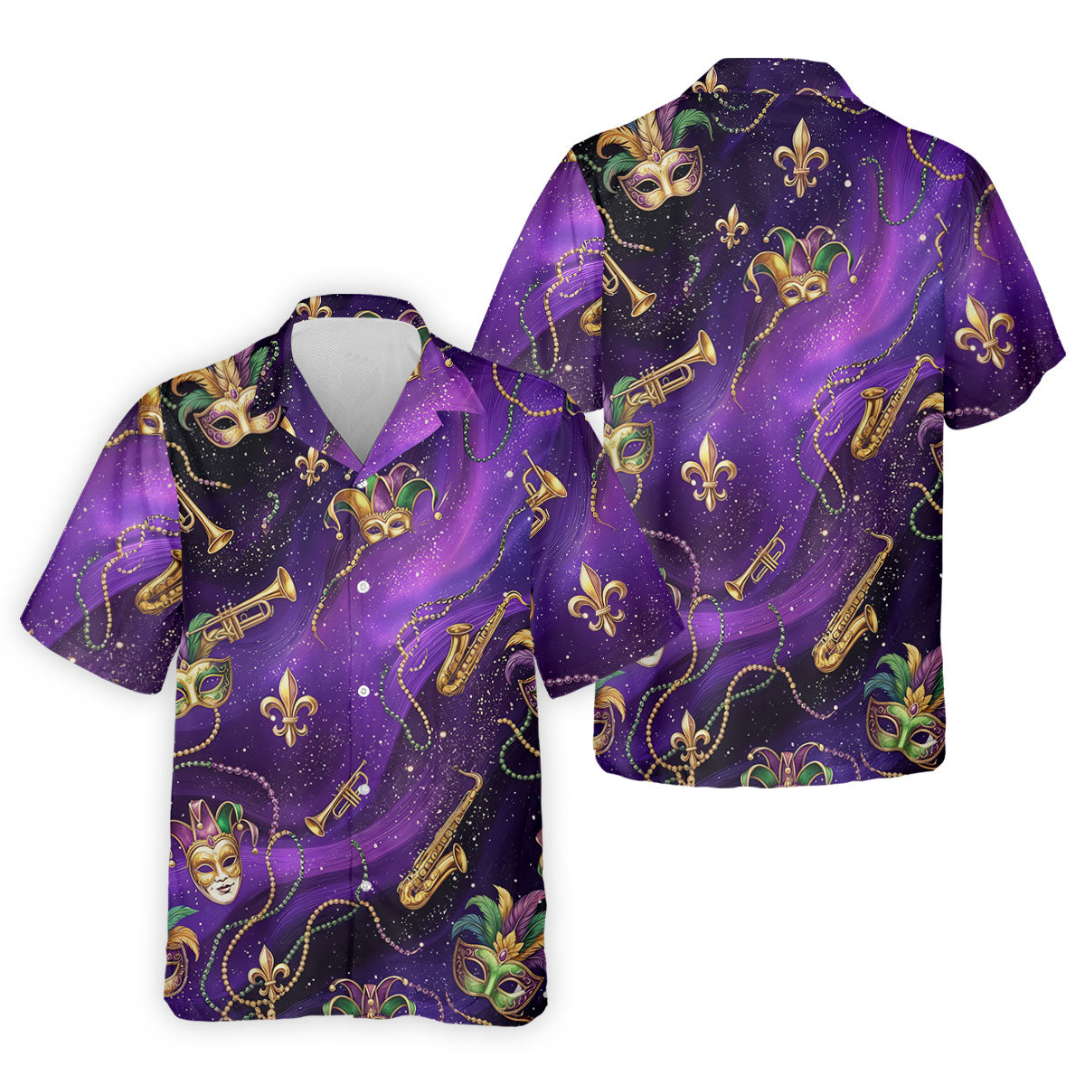 Golden Fleur De Lis Trumpet And Saxophone Mardi Gras Masquerade Mask Purple Golf Shirt, Golf Shirts For Men