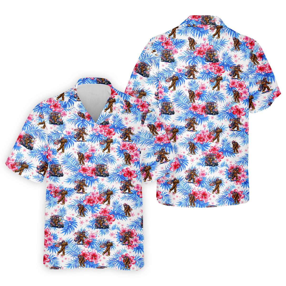 Funny Bigfoot Golf Pose 4th Of July Tropical Vibe Golf Shirts For Men, 250th Anniversary Patriotic Golf Shirt