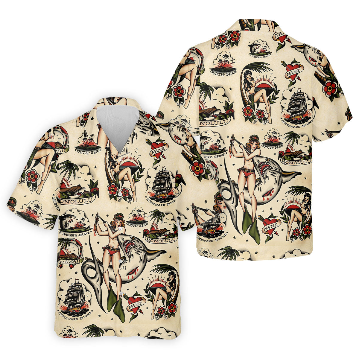 Vintage Hawaiian Pin Up Shark Tattoo Golf Shirt, Hawaiian Golf Shirt, Mens Golf Apparel