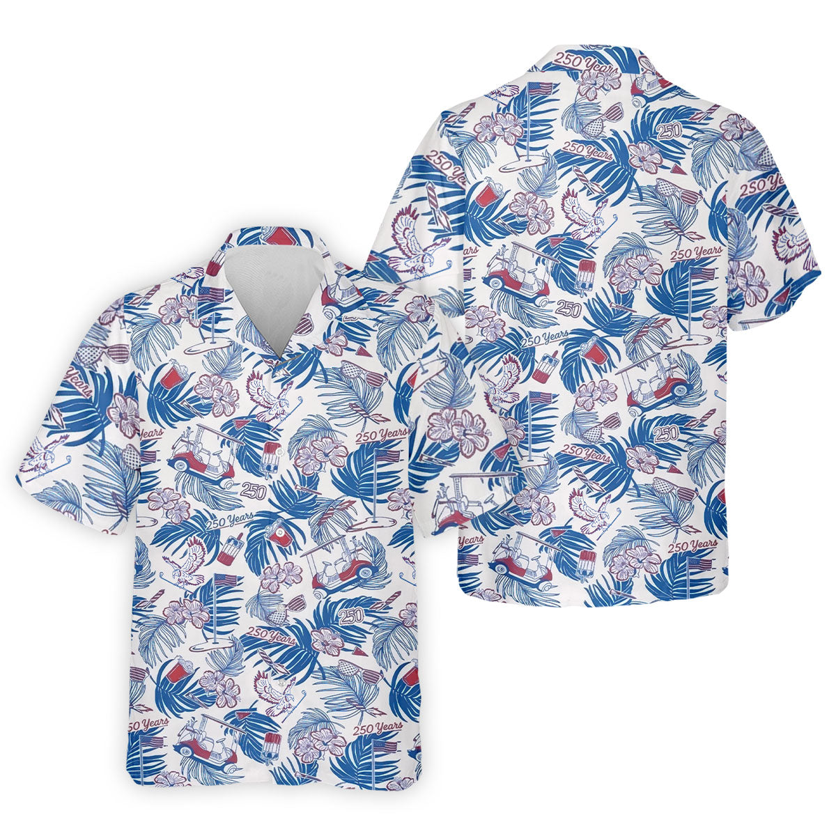 250 Years Red White Blue Tropical Floral Patriotic Golf Shirt, 4th Of July Golf Shirts For Men