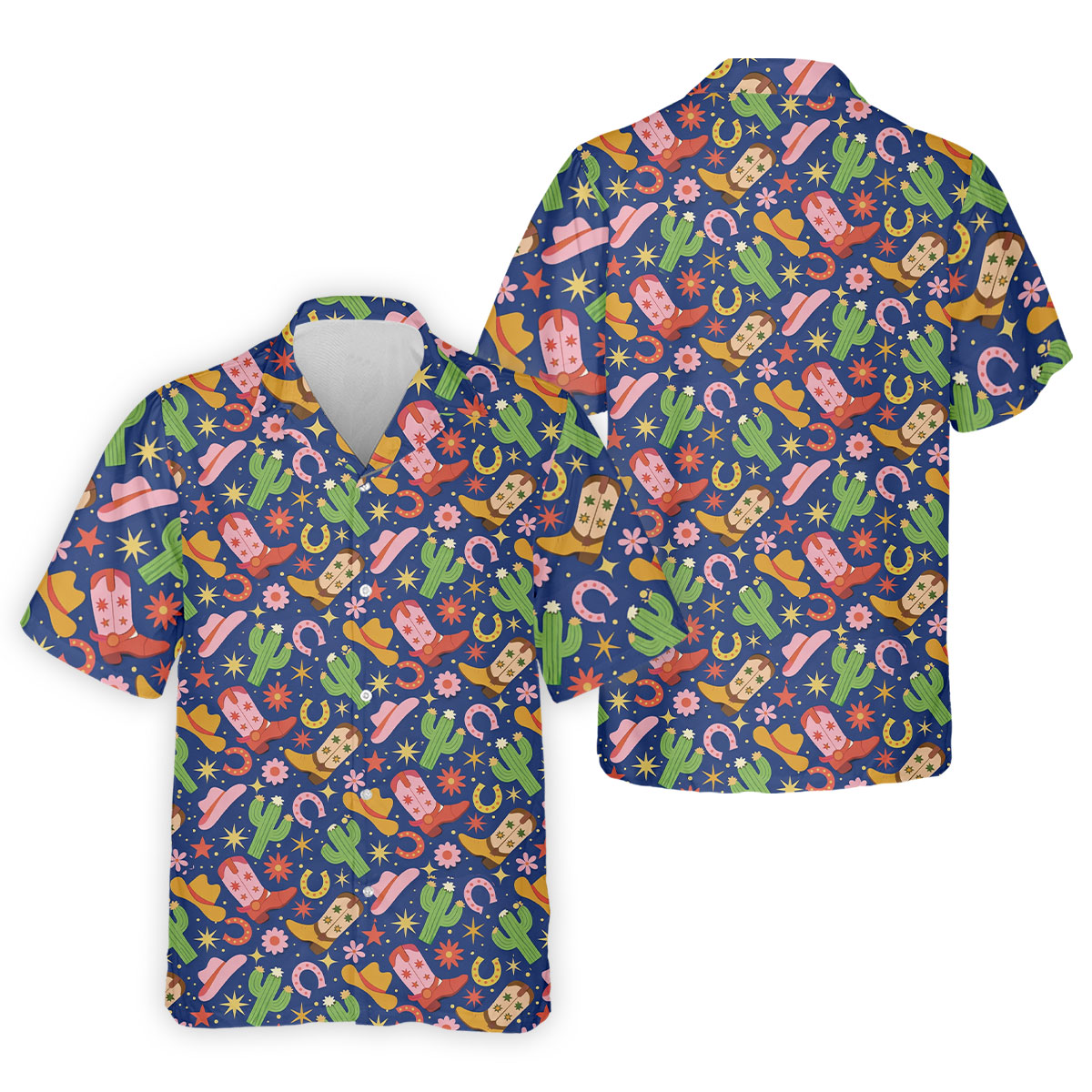 Western Cowboy Golf Shirt, Desert Cactus Horseshoe Pattern, Golf Shirt For Men