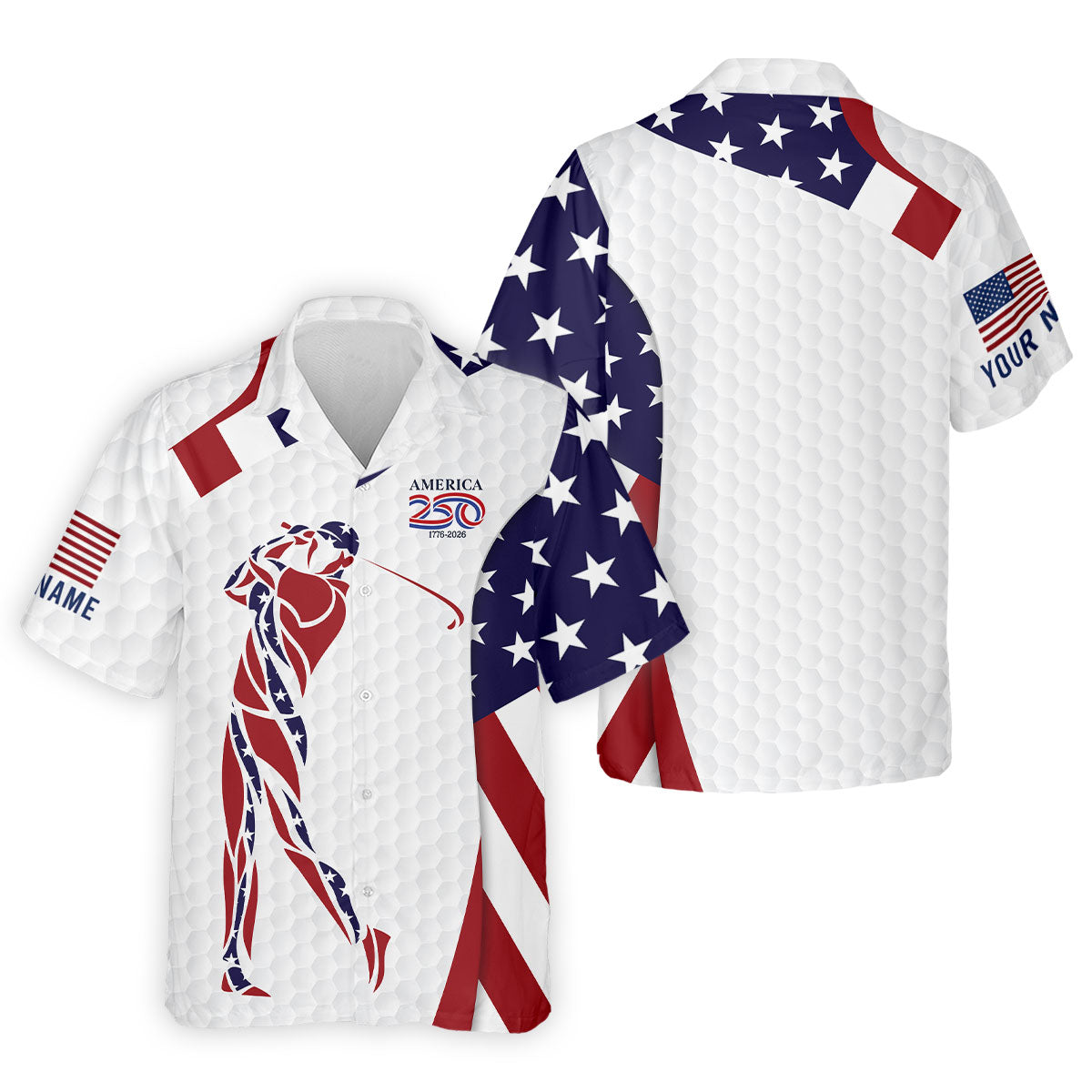 America 250 Golfer Pose Golf Ball Pattern 4th Of July Golf Shirt, Patriotic Golf Shirt, Golf Shirts For Men