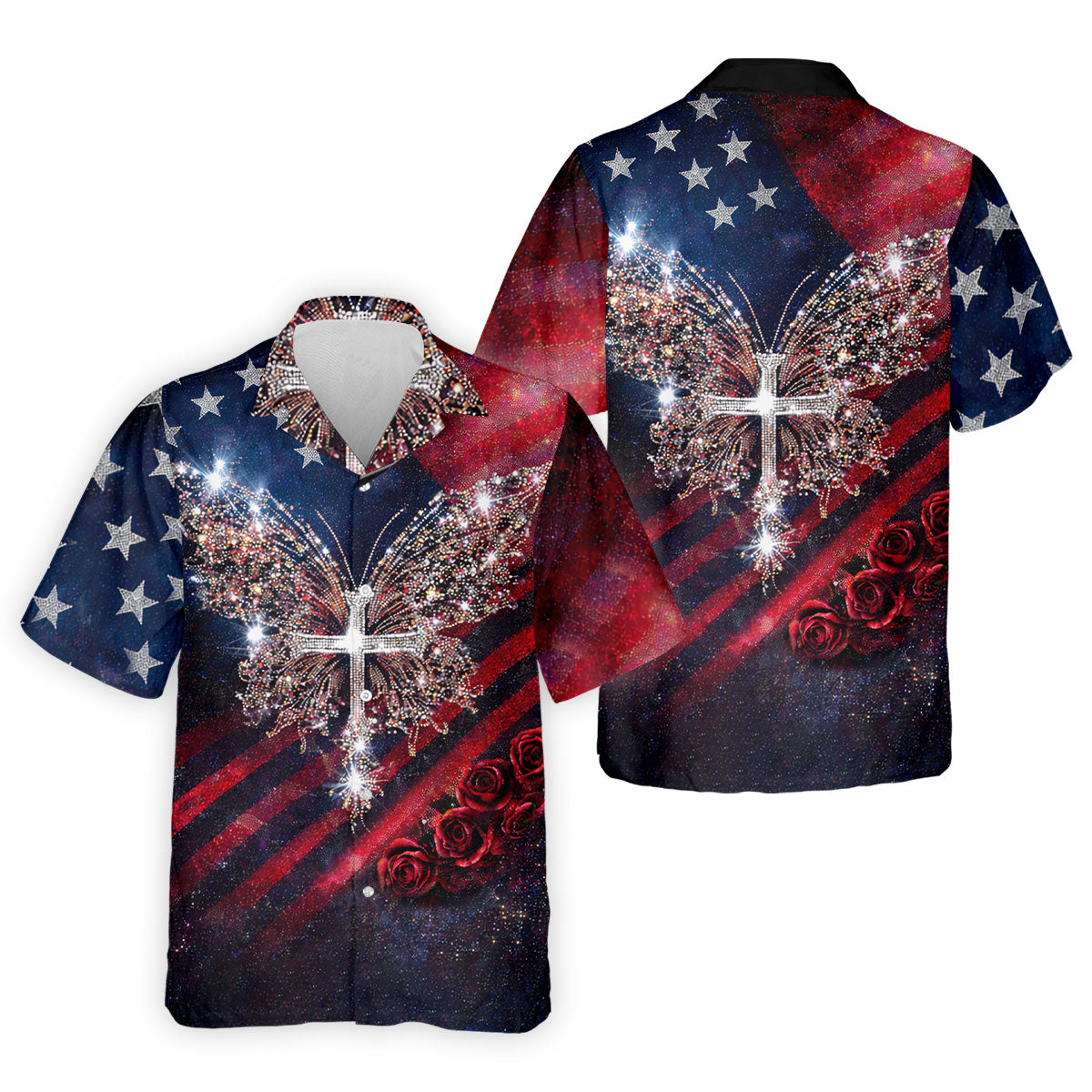 Faith Cross Shimmering Butterfly 250th Anniversary Golf Tops For Men, Patriotic 4th Of July Golf Shirts For Men