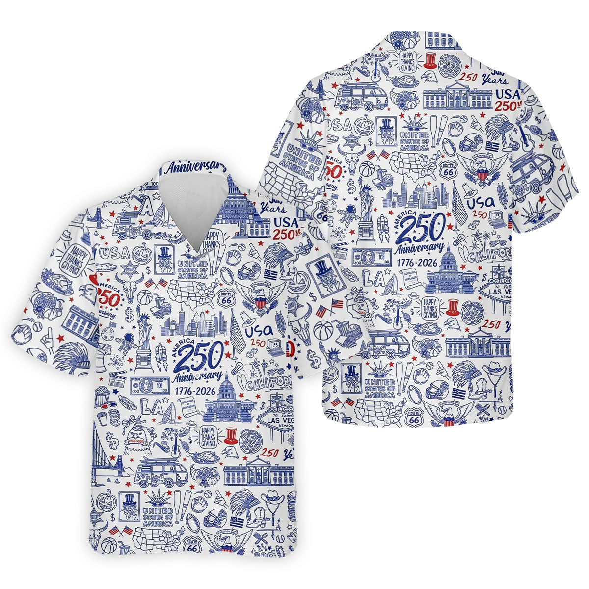 America 250 Anniversary US Symbols Doodle Pattern Patriotic Golf Shirt, 4th Of July Golf Shirts For Men