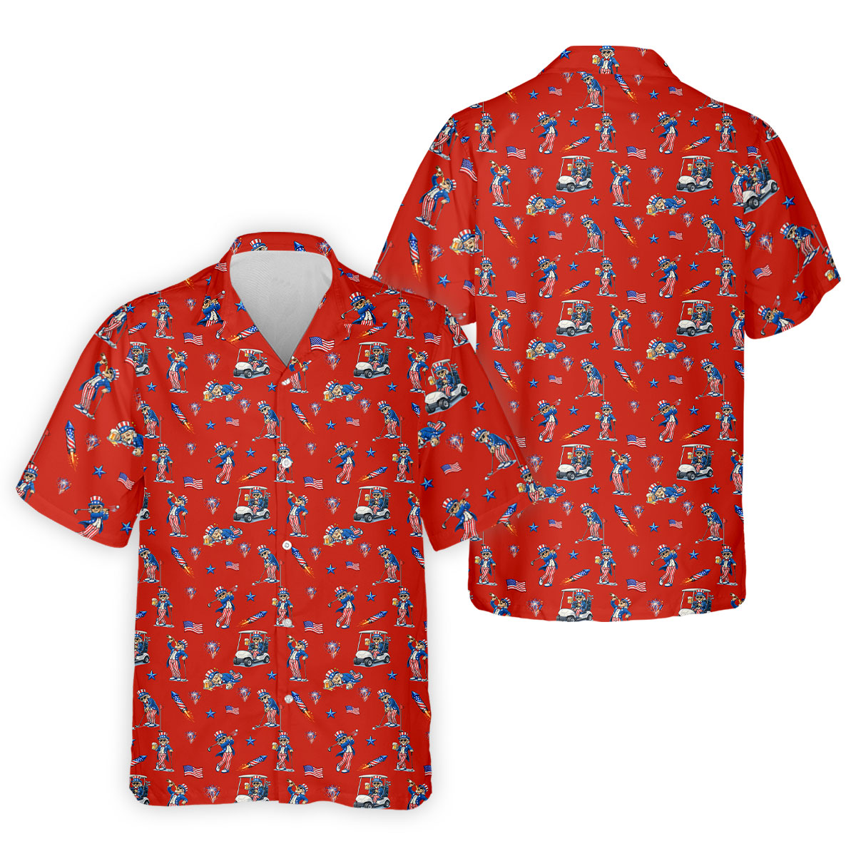 Patriotic Man Golf And Beer Funny 4th Of July Red Golf Shirt, 250 Years Seamless Pattern Golf Shirts For Men