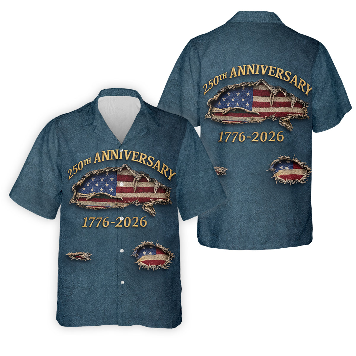 Patriotic American Flag 250th Anniversary Blue Denim Color Ripped Effect Golf Shirts For Men, Polo ShirtFor Men